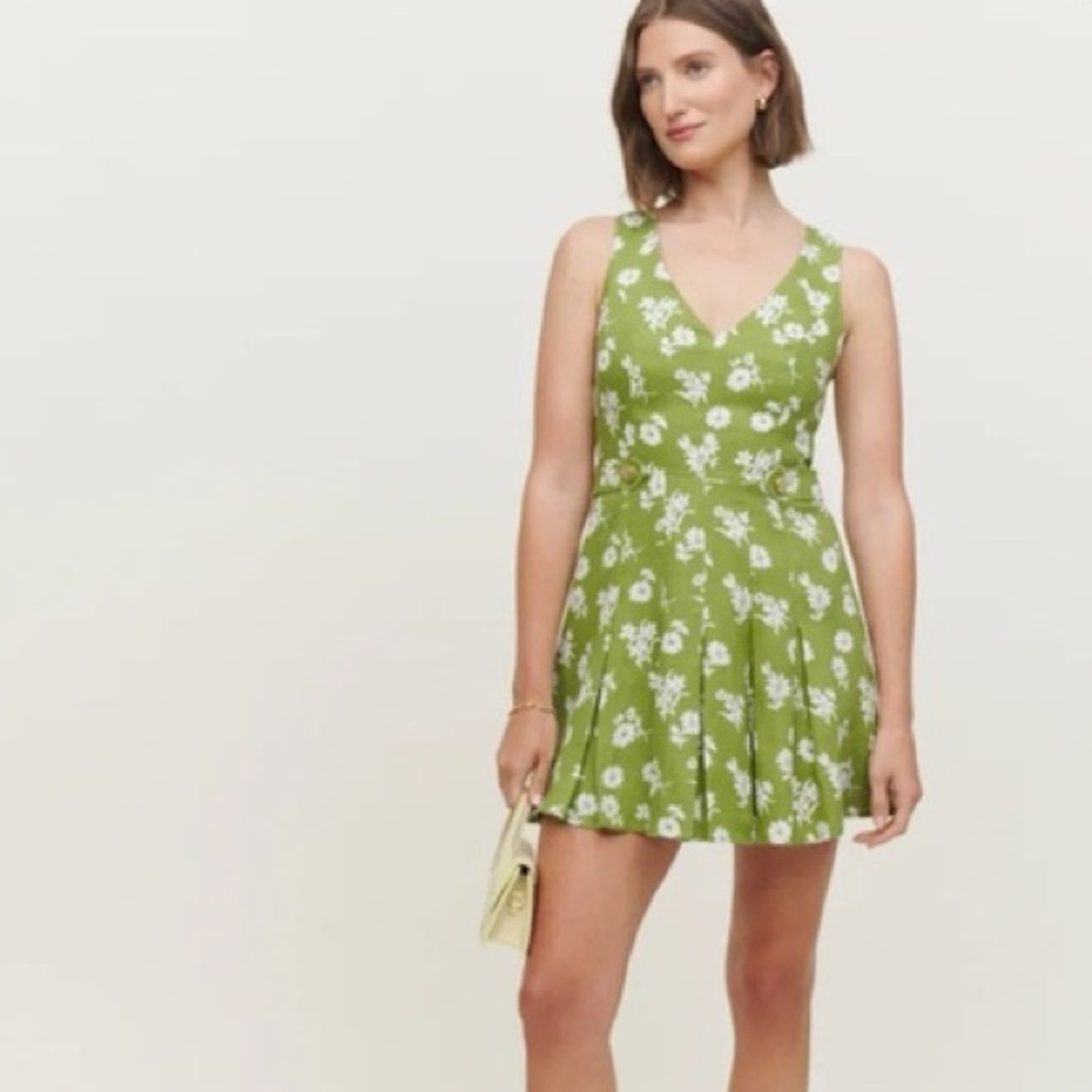 Reformation Green Floral V-Neck Mini Dress